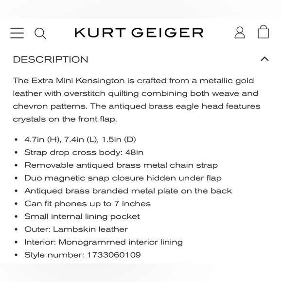 Kurt Geiger The Extra Mini Kensington Quilted Gold Metallic Leather Purse - Picture 4 of 12